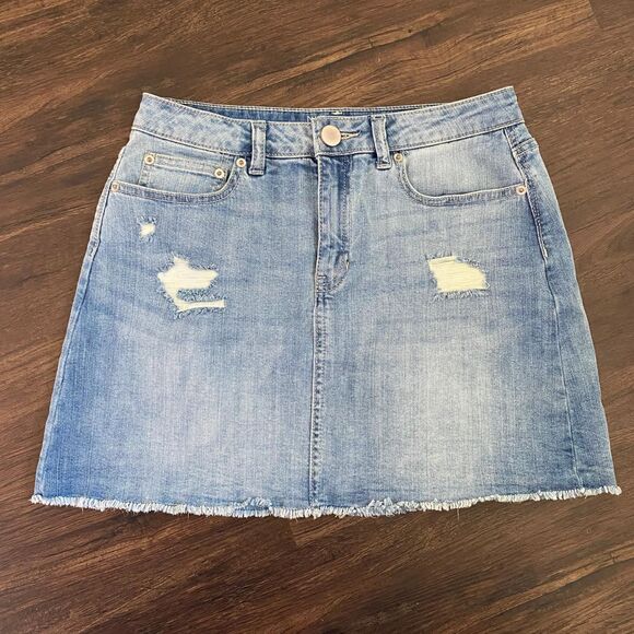 Y2K 2000s Mini Distressed Light Blue Denim Jean Jeans Mini Skirt Mid Rise M / L - Picture 5 of 5